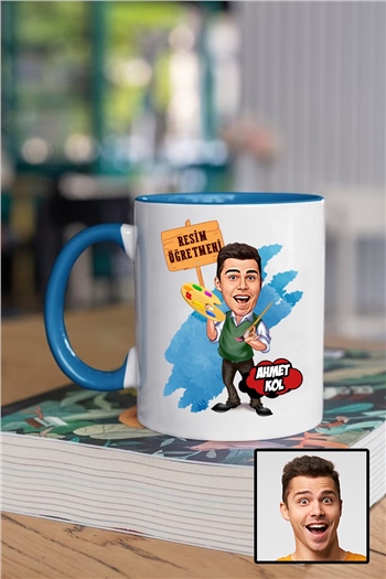 Erkek Resim Öğretmenine Özel Hediye Karikatürlü İçi Renkli Kupa Bardak