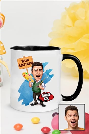 Erkek Resim Öğretmenine Özel Hediye Karikatürlü İçi Renkli Kupa Bardak