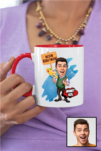 Erkek Resim Öğretmenine Özel Hediye Karikatürlü İçi Renkli Kupa Bardak