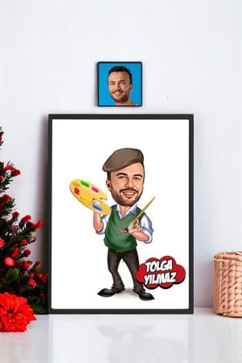 Erkek Ressama Hediye Kişiye Özel Ressam Karikatürlü Hediyelik Çerçeve