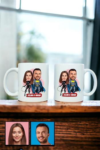 Erkek Sevgiliye İlginç Hediye Karikatürlü İkili Beyaz Kupa Bardak