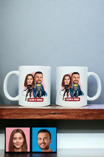 Erkek Sevgiliye İlginç Hediye Karikatürlü İkili Beyaz Kupa Bardak