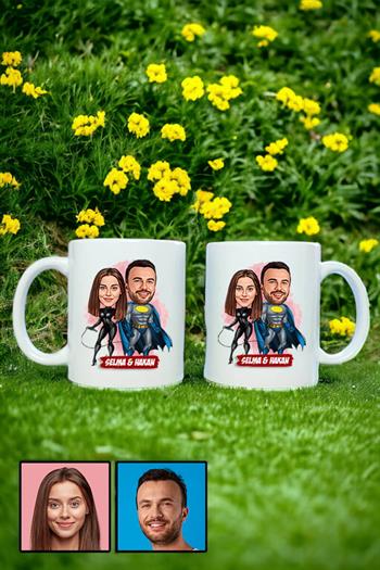 Erkek Sevgiliye İlginç Hediye Karikatürlü İkili Beyaz Kupa Bardak
