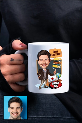 Erkek Sınıf Öğretmenine Hediye Karikatürlü Beyaz Kupa Bardak