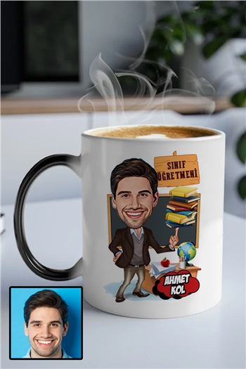 Erkek Sınıf Öğretmenine Kişiye Özel Hediye Karikatürlü Sihirli Kupa Bardak