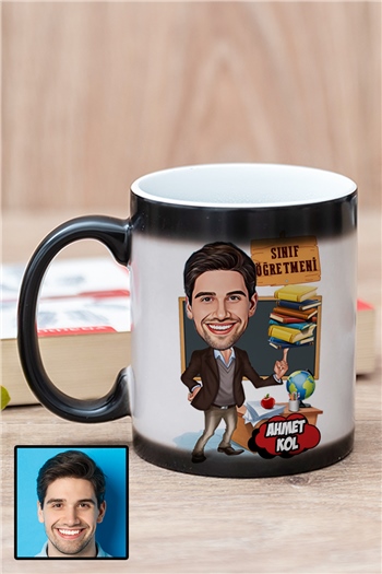 Erkek Sınıf Öğretmenine Kişiye Özel Hediye Karikatürlü Sihirli Kupa Bardak