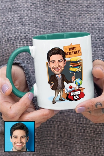 Erkek Sınıf Öğretmenine Özel Hediye Karikatürlü İçi Renkli Kupa Bardak