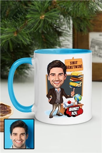 Erkek Sınıf Öğretmenine Özel Hediye Karikatürlü İçi Renkli Kupa Bardak