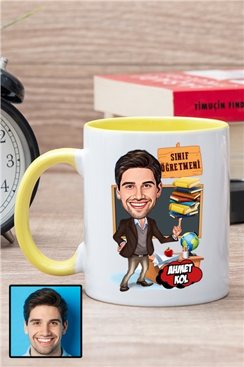 Erkek Sınıf Öğretmenine Özel Hediye Karikatürlü İçi Renkli Kupa Bardak