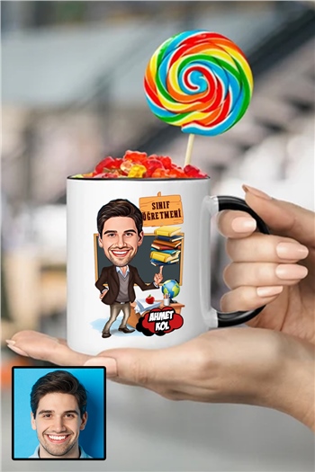 Erkek Sınıf Öğretmenine Özel Hediye Karikatürlü İçi Renkli Kupa Bardak
