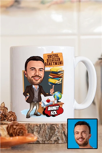 Erkek Sosyal Bilgiler Öğretmenine Hediye Karikatürlü Beyaz Kupa Bardak