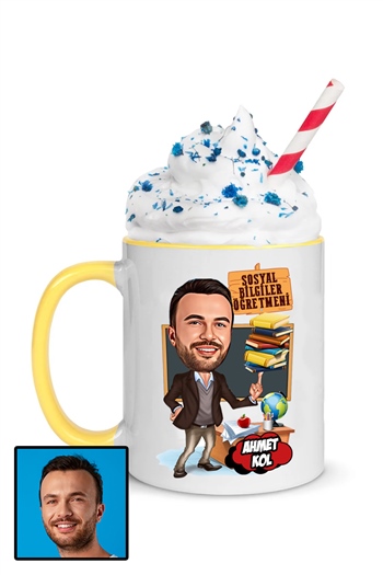 Erkek Sosyal Bilgiler Öğretmenine Özel Hediye Karikatürlü İçi Renkli Kupa Bardak