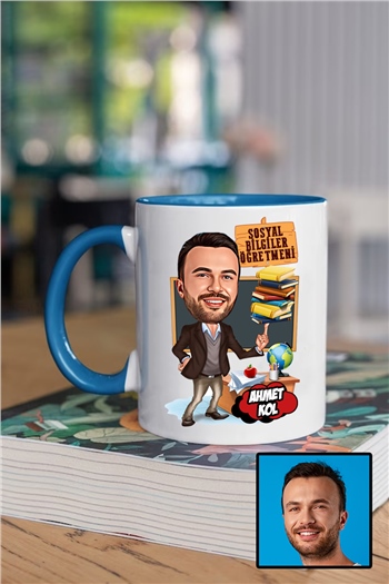 Erkek Sosyal Bilgiler Öğretmenine Özel Hediye Karikatürlü İçi Renkli Kupa Bardak