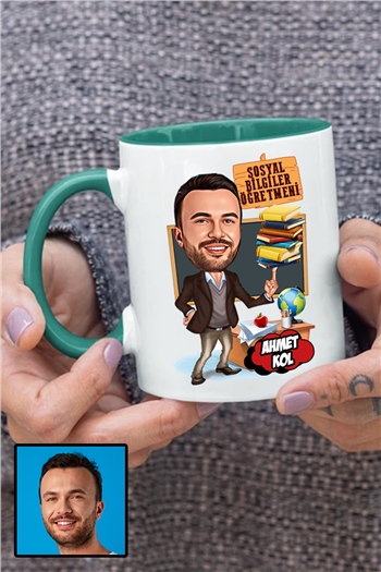 Erkek Sosyal Bilgiler Öğretmenine Özel Hediye Karikatürlü İçi Renkli Kupa Bardak