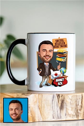 Erkek Sosyal Bilgiler Öğretmenine Özel Hediye Karikatürlü İçi Renkli Kupa Bardak