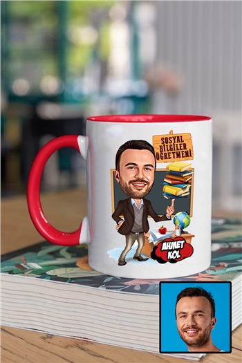 Erkek Sosyal Bilgiler Öğretmenine Özel Hediye Karikatürlü İçi Renkli Kupa Bardak