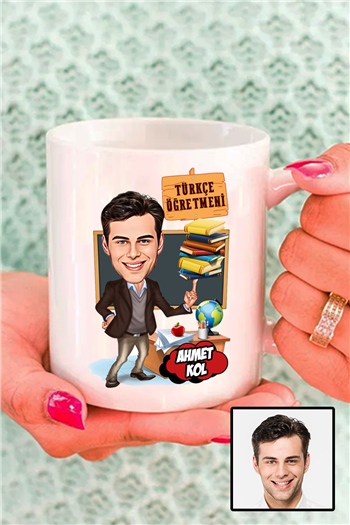 Erkek Türkçe Öğretmenine Hediye Karikatürlü Beyaz Kupa Bardak