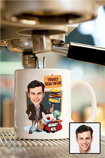 Erkek Türkçe Öğretmenine Hediye Karikatürlü Beyaz Kupa Bardak