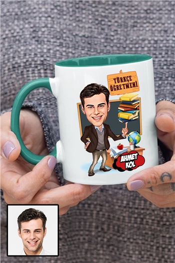 Erkek Türkçe Öğretmenine Özel Hediye Karikatürlü İçi Renkli Kupa Bardak