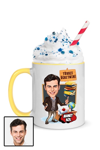 Erkek Türkçe Öğretmenine Özel Hediye Karikatürlü İçi Renkli Kupa Bardak