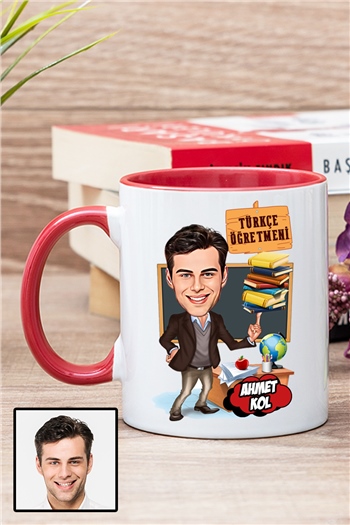 Erkek Türkçe Öğretmenine Özel Hediye Karikatürlü İçi Renkli Kupa Bardak