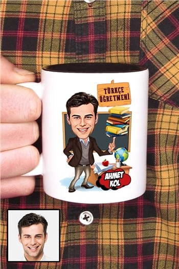 Erkek Türkçe Öğretmenine Özel Hediye Karikatürlü İçi Renkli Kupa Bardak