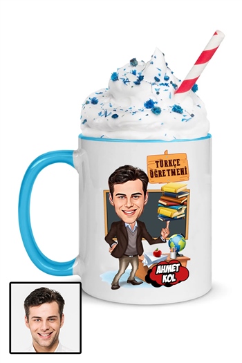 Erkek Türkçe Öğretmenine Özel Hediye Karikatürlü İçi Renkli Kupa Bardak