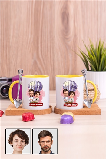 Eşe Hediye Uçan Balon Temalı Karikatürlü İkili Ahşap Altlıklı İçi Renkli Kupa Bardak