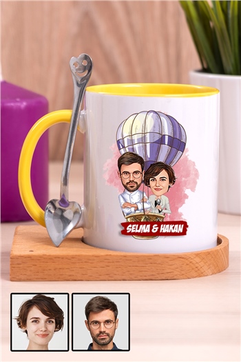 Eşe Hediye Uçan Balon Temalı Karikatürlü Ahşap Altlıklı İçi Renkli Kupa Bardak