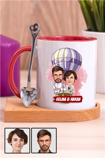 Eşe Hediye Uçan Balon Temalı Karikatürlü Ahşap Altlıklı İçi Renkli Kupa Bardak