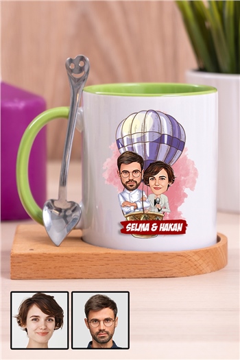 Eşe Hediye Uçan Balon Temalı Karikatürlü Ahşap Altlıklı İçi Renkli Kupa Bardak