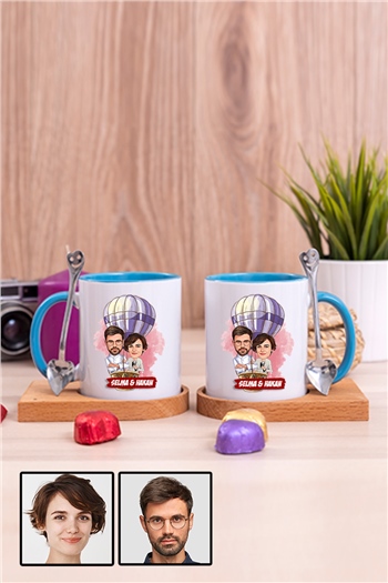 Eşe Hediye Uçan Balon Temalı Karikatürlü İkili Ahşap Altlıklı İçi Renkli Kupa Bardak
