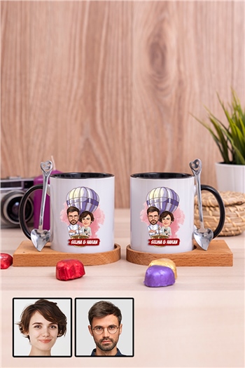 Eşe Hediye Uçan Balon Temalı Karikatürlü İkili Ahşap Altlıklı İçi Renkli Kupa Bardak