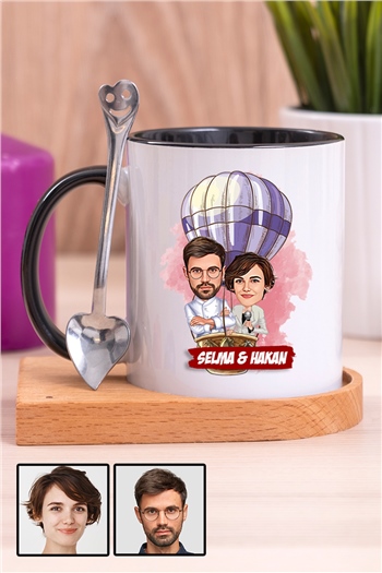 Eşe Hediye Uçan Balon Temalı Karikatürlü Ahşap Altlıklı İçi Renkli Kupa Bardak