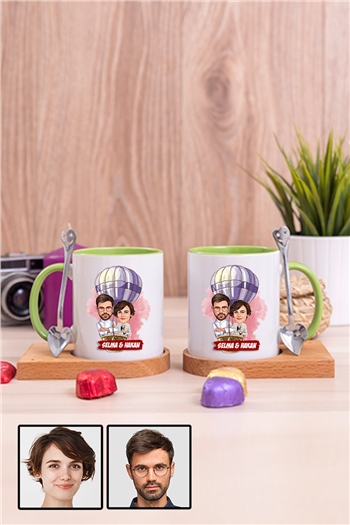 Eşe Hediye Uçan Balon Temalı Karikatürlü İkili Ahşap Altlıklı İçi Renkli Kupa Bardak
