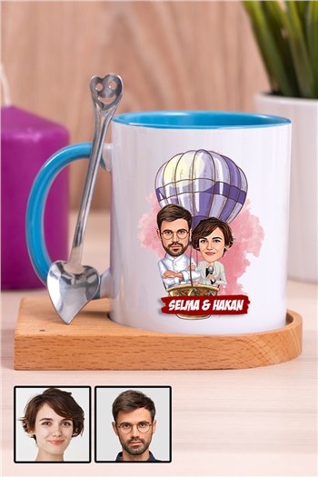 Eşe Hediye Uçan Balon Temalı Karikatürlü Ahşap Altlıklı İçi Renkli Kupa Bardak