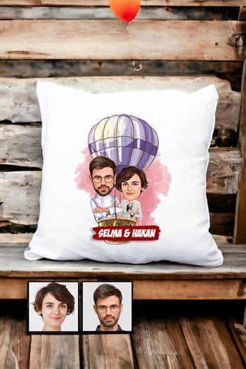 Eşe Hediye Uçan Balon Temalı Karikatürlü Yastık