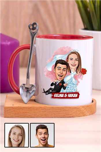 Eşe İlginç Hediye Evlilik Temalı Karikatürlü Ahşap Altlıklı İçi Renkli Kupa Bardak
