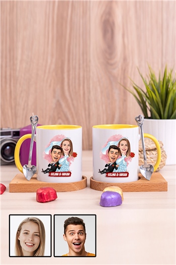Eşe İlginç Hediye Evlilik Temalı Karikatürlü İkili Ahşap Altlıklı İçi Renkli Kupa Bardak