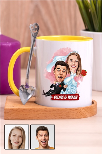 Eşe İlginç Hediye Evlilik Temalı Karikatürlü Ahşap Altlıklı İçi Renkli Kupa Bardak