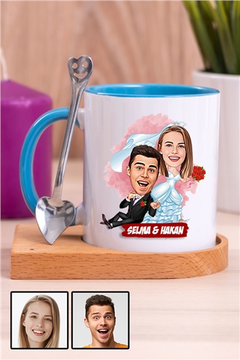 Eşe İlginç Hediye Evlilik Temalı Karikatürlü Ahşap Altlıklı İçi Renkli Kupa Bardak