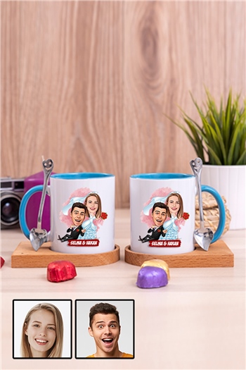 Eşe İlginç Hediye Evlilik Temalı Karikatürlü İkili Ahşap Altlıklı İçi Renkli Kupa Bardak