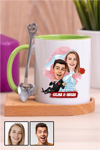 Eşe İlginç Hediye Evlilik Temalı Karikatürlü Ahşap Altlıklı İçi Renkli Kupa Bardak