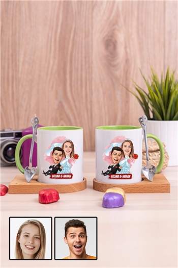 Eşe İlginç Hediye Evlilik Temalı Karikatürlü İkili Ahşap Altlıklı İçi Renkli Kupa Bardak