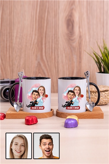 Eşe İlginç Hediye Evlilik Temalı Karikatürlü İkili Ahşap Altlıklı İçi Renkli Kupa Bardak