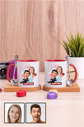 Eşe İlginç Hediye Evlilik Temalı Karikatürlü İkili Ahşap Altlıklı İçi Renkli Kupa Bardak