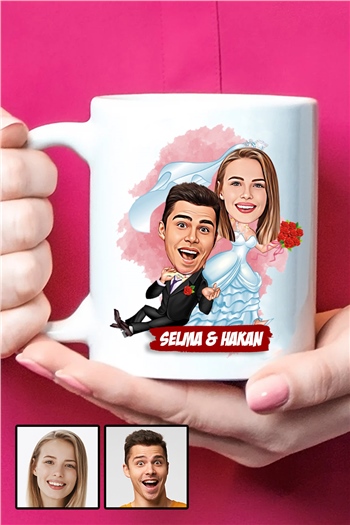 Bayan Eşe 14 Şubat Sevgililer Günü Hediyesi Karikatürlü Beyaz Kupa Bardak