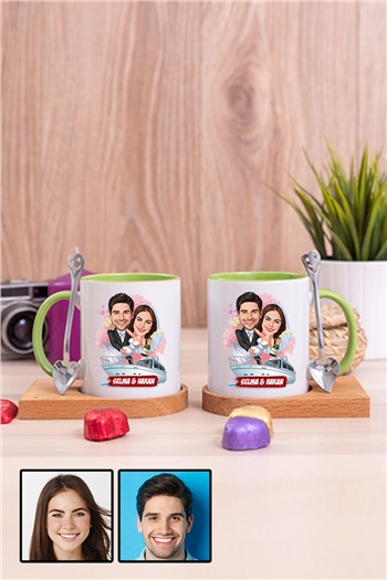 Eşe Komik Hediye Gelin Damat Temalı Karikatürlü İkili Ahşap Altlıklı İçi Renkli Kupa Bardak