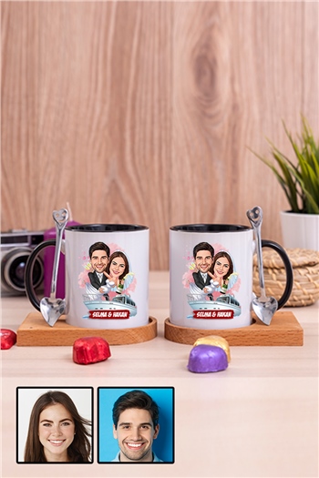 Eşe Komik Hediye Gelin Damat Temalı Karikatürlü İkili Ahşap Altlıklı İçi Renkli Kupa Bardak