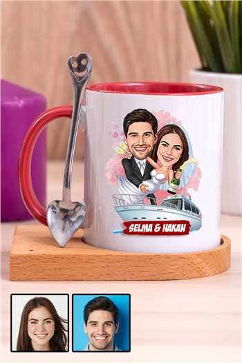 Eşe Komik Hediye Gelin Damat Temalı Karikatürlü Ahşap Altlıklı İçi Renkli Kupa Bardak